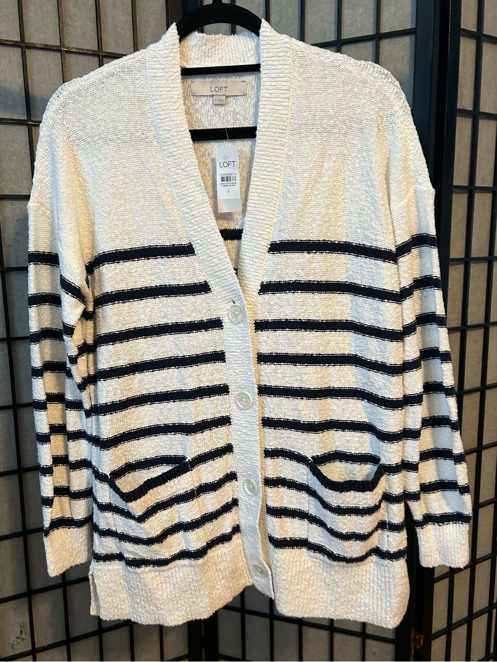 Anne Taylor Loft White and Navy Blue Striped Cotton Cardigan Size Small NWT